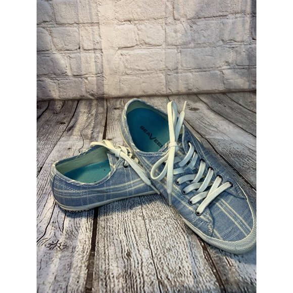 Sea Vees by J. Crew, Monterey Sneaker Chambray, Embroidered Plaid, Size 8 - Picture 2 of 5